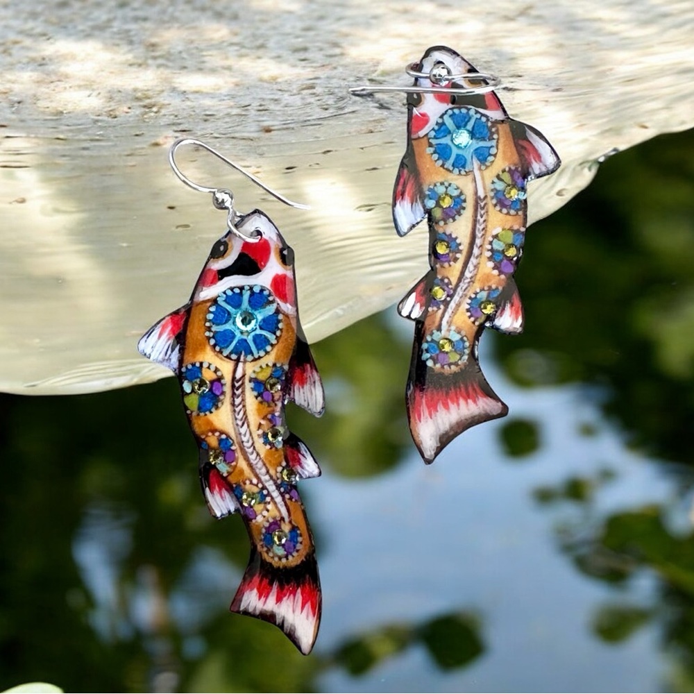 Beautiful decorative koi fish handpainted dangle earrings fancy sterling OOAK